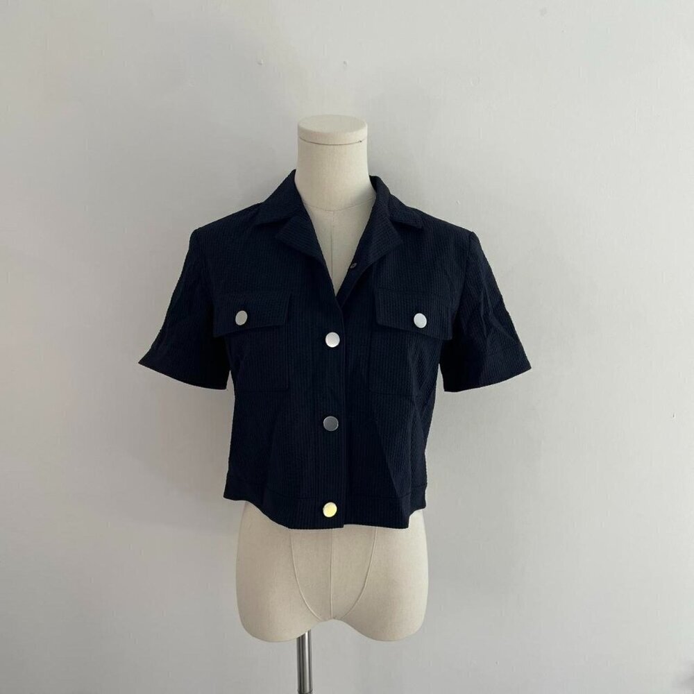 Theory Button Front Top | Navy Seersucker Crop Shirt | Womens Size 6